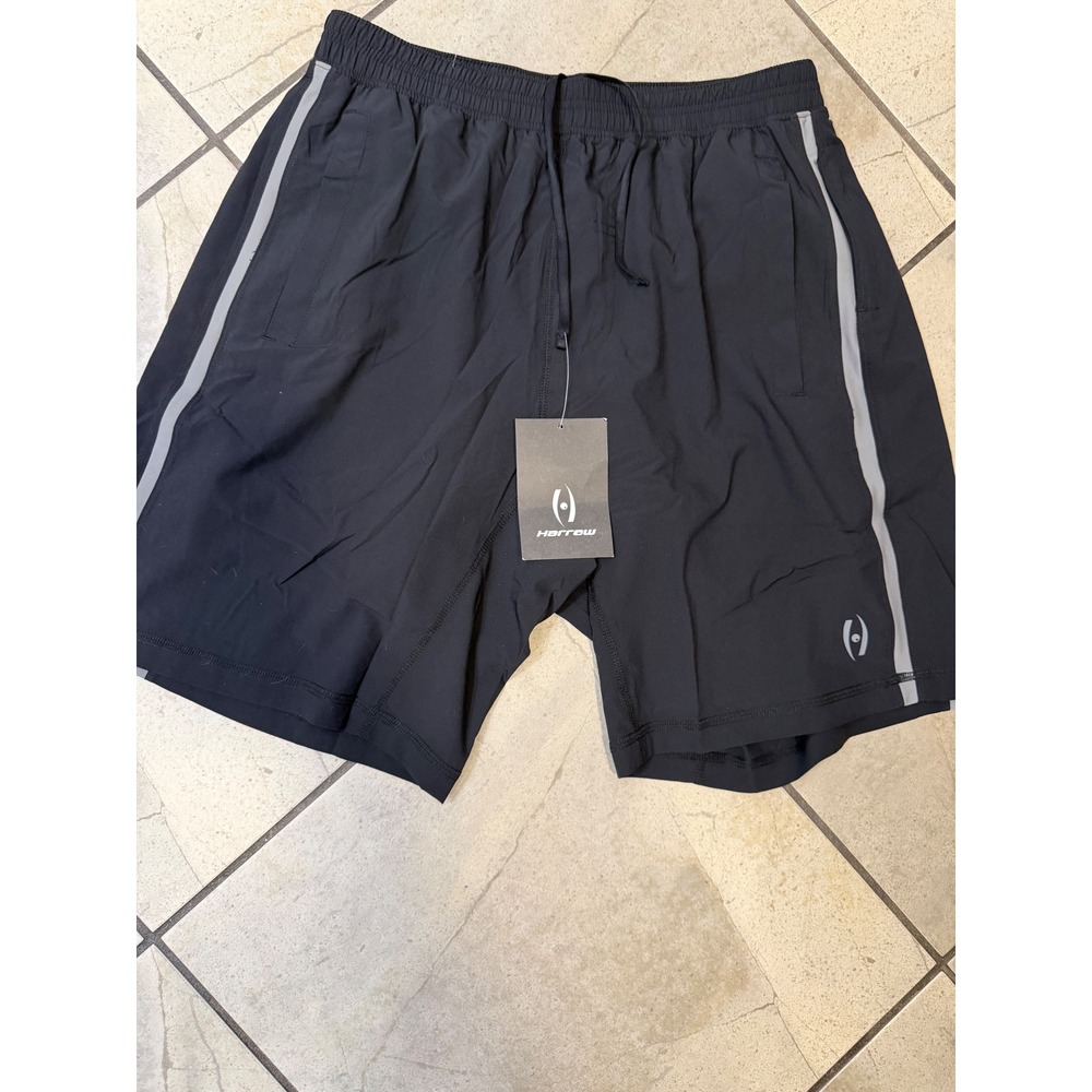 Harrow Mens Black Athletic Performance Shorts Grey Stripe Large NWT